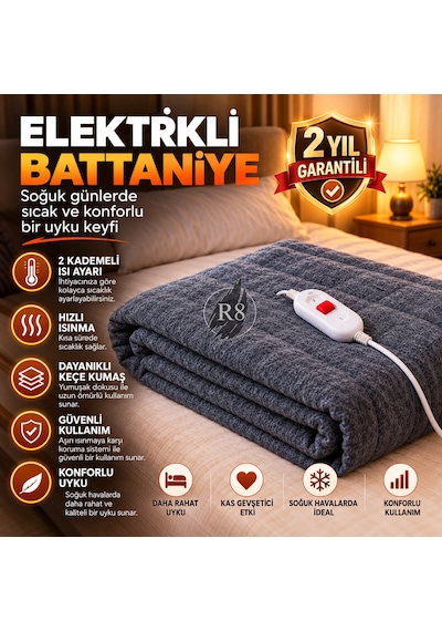 R8 Çift Kişilik Elektrikli Battaniye 2 Kademeli Isı Ayarlı Aşırı Isınma Korumalı Çok Renkli