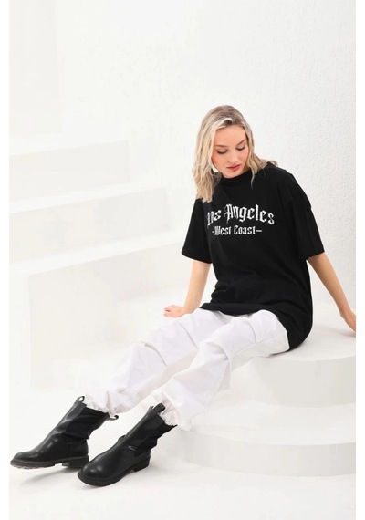 Freedom Storee Kadın Baskılı Tişört Kısa Kol Bisiklet Yaka Oversize T-shirt - Siyah Çok Renkli