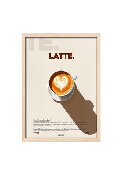 Latte Kahve Doğal Ahşap Çerçeveli Poster, Dekoratif Duvar Tablosu