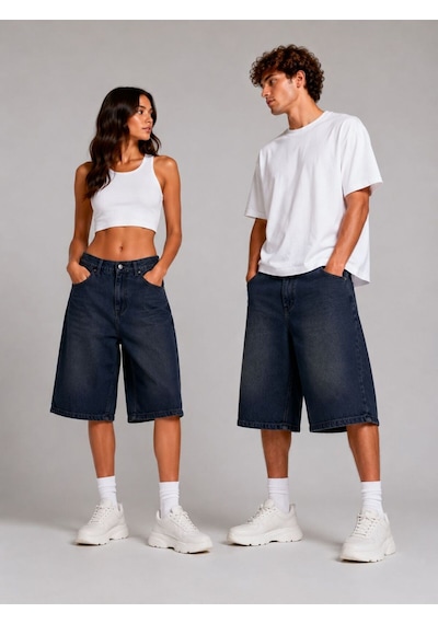 St.poll Eskitme Yıkama Unisex Baggy Denim Şort Eskitme Lacivert