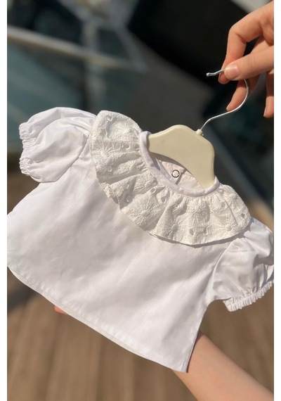 Fisto Yaka Pamuklu Kız Çocuk Bebek Beyaz Bluz Kısa Kol Üst 001