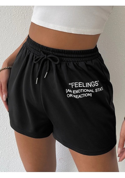 Drawstring Waist Slogan Graphic Track Şort Siyah