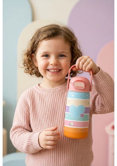 Puccon 420 Ml Kız Çocuk Pastel Renkli Kalp Desenli Paslanmaz Çelik Okul Termosu - 60022 Turkuaz - Turuncu