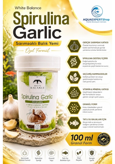 White Balance Spirulina Garlic Granül Balık Yemi - Sarımsak Ve Spirulina İçerikli Özel Formül - Premium Balık Yemi - 100 Ml