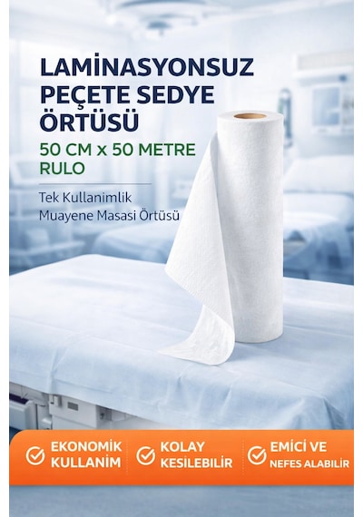 Laminasyonsuz Peçete Sedye Örtüsü 50 Cm X 50 Metre Rulo Tek Kullanımlık Muayene Masası Örtüsü 1 Adet
