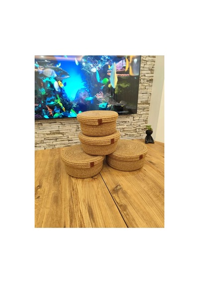 Jüt,hasır,4 Lü Kapaklı Sepet, Özel Tasarım, Çok Amaçlı Düzenleyici Organizer,sepet 25x23x21x18 Hasır Hasır