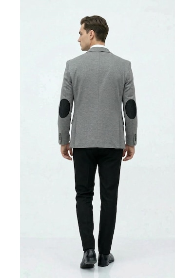 Erkek Siyah Slim Fit Blazer Ceket Tek Düğme Çift Yırtmaç Kollu Yamalı Siyah