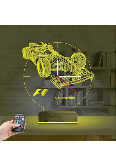 Luvivia Formula F1 Yarış Arabası Kişiye Özel Saatli 3d Lamba - Masa Gece Lambası Şeffaf