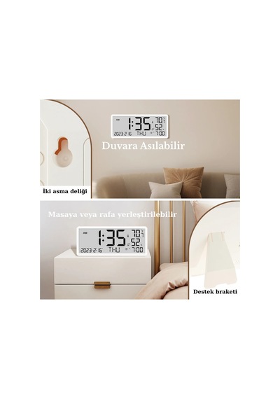 Büyük Lcd Dijital Duvar Masa Saati Sıcaklık Ve Nem Göstergeli Çalar Saat Askılı/masaüstü Dijital Beyaz - 788877415 Beyaz