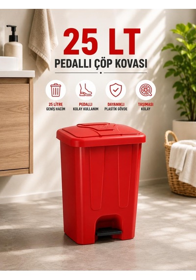 25 Lt Pedallı Çöp Kovası İç Kovasız Kırmızı Renk Çok Renkli