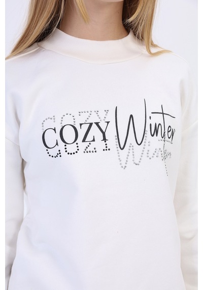 Toontoy Kız Çocuk Balıkçı Yaka İçi Pamuklu Sweatshirt Ekru