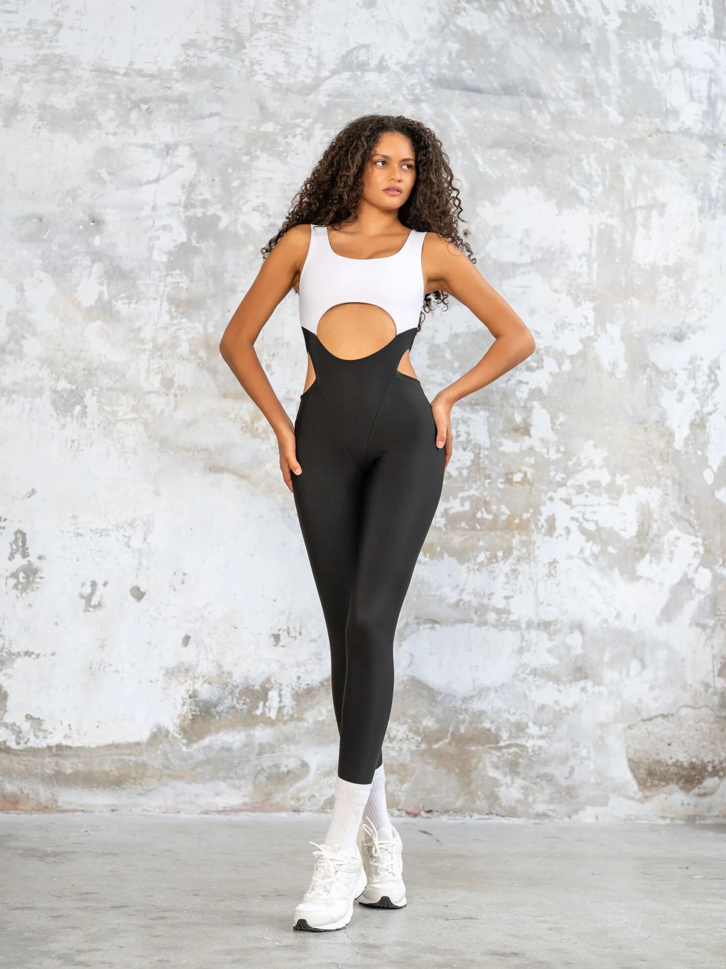 Lismina Bold Curve Spor Tayt Tulum Siyah - Beyaz