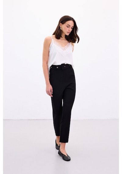 Sateen Kemerli Pantolon - Siyah-136908 siyah