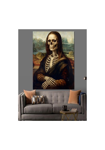 Mona Lisa Tarzında İskelet Portresi Yağlı Boya Dokulu Kanvas Tablo Canvas Tablosu