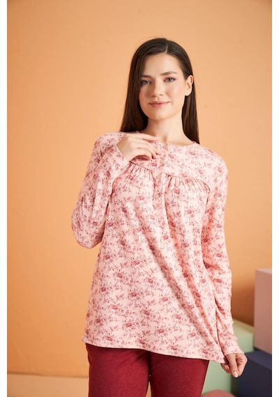 Gd Goldoremi Premium Kadın Rahat Kesim Yuvarlak Yaka Çiçek Desenli Düğmeli Uzun Kollu Pijama Takım PEMBE Gd Goldoremi Premium Kadın Rahat Kesim Yuvarlak Yaka Çiçek Desenli Düğmeli Uzun Kollu Pijama Takım PEMBE