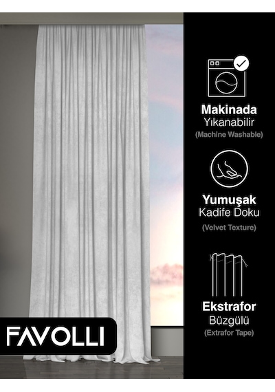 Br Favolli Kadife Dokulu Beyaz Ada Fon Perde Ekstrafor Büzgülü Dream Series Beyaz