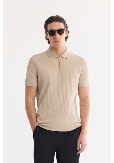 Avva Erkek Bej Kıvrılmaz Polo Yaka Fermuarlı %100 Pamuk Regular Fit T-shirt A61y1038