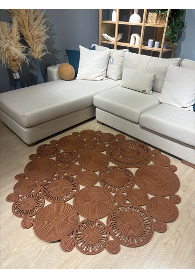 Mavaux Tarçın Rengi Harmony Jüt Doğal Hasır Kilim Bej Geometrik Bohem Yuvarlak El Örmesi Halı Natural