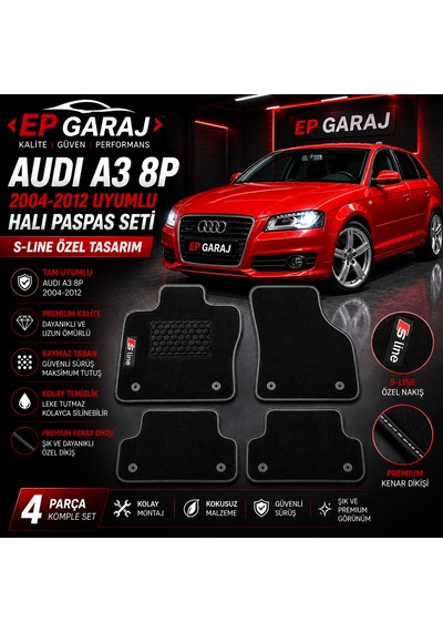 Audi A3 8p 2004 2012 Uyumlu Halı Paspas Seti 4 Parça S-lıne Kalın Tip