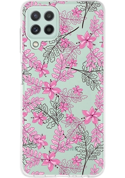 Samsung Galaxy M32 Uyumlu Kapak Floral Pembe Tasarımlı Şeffaf Silikon Kılıf