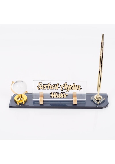 Dünya Aksesuarlı Kabartma Yazı Gold Kristal Ofis Masaüstü İsimlik