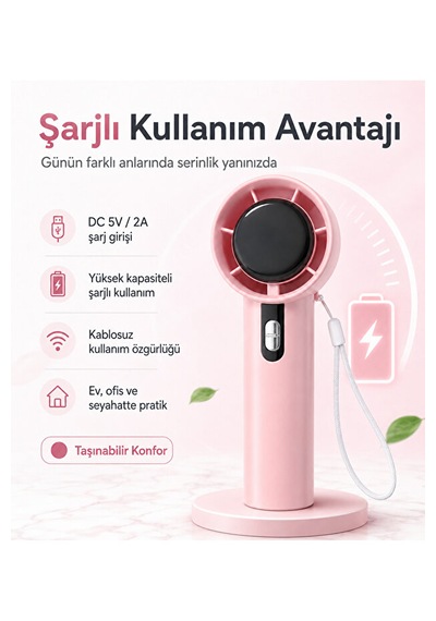 100 Kademeli Hız Ayarlı Şarjlı El Fanı Dijital Göstergeli Taşınabilir Mini Vantilatör Pembe