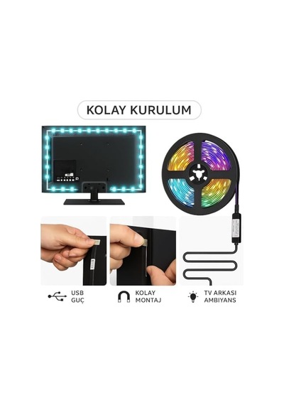 Monitör Ve Tv Arkası 3 Metre Rgb Şerit Led Seti - Cata Usb Bağlantılı, Uzaktan Kumandalı, 352 Renk Seçenekli Ambiyans Aydınlatma, Göz Yormayan Led Işık Sistemi .