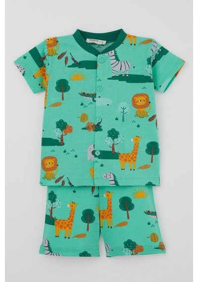 Breeze Erkek Bebek Şortlu Pijama Takımı Safari Temalı Sevimli Hayvancıklar Desenli 4 Ay - 1 Yaş , Yeşil