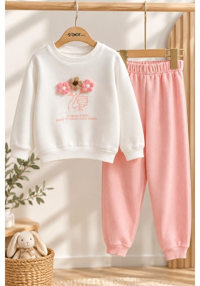 Emila Kids Kız Çocuk Eşofman 2'li Takım - Çiçek Nakış& Baskılı 2 İplik Pamuk Beyaz - Pembe Emila Kids Kız Çocuk Eşofman 2'li Takım - Çiçek Nakış& Baskılı 2 İplik Pamuk Beyaz - Pembe