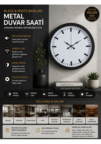Black & White Baseline 40 Cm Metal Duvar Saati Siyah