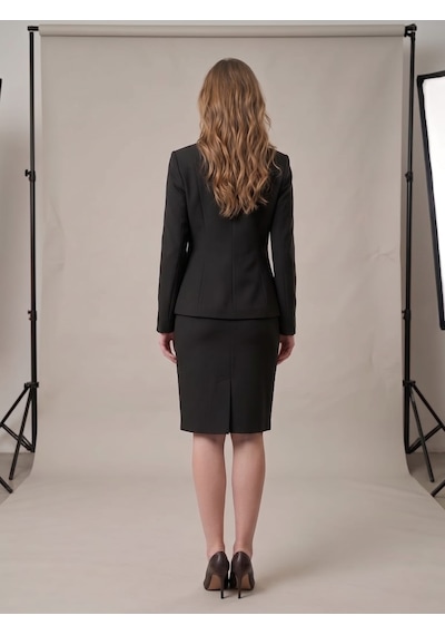 Prenses Kadın Siyah Tek Düğmeli Astarlı Blazer Ceket Kalem Etek Takım