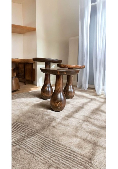 Wood Ahşap 3 Lü Set Vazo Mantar Yan Sehpa / Ceviz Renk / Zigon Sehpa Vernikli Kahverengi