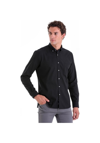 Hatemoğlu Siyah Comfort Fit Düz 100% Pamuk Düğmeli Yaka Uzun Kollu Casual O Siyah