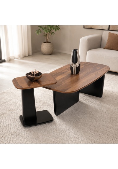 Ganni Home Toscana 2 Li Orta Ve Zigon Sehpa Seti Ceviz Siyah, Modern Asimetrik Tasarım