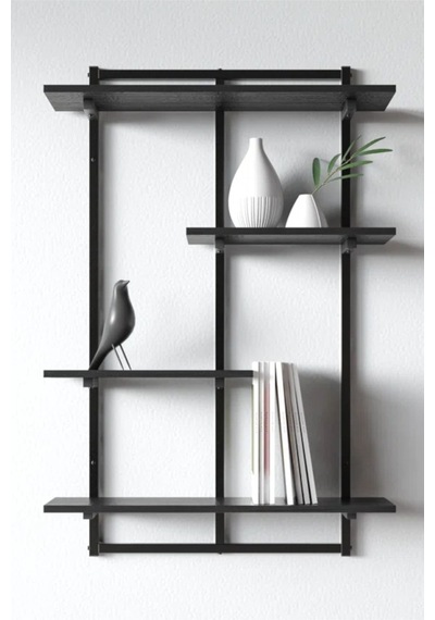 Aju Modern Duvar Rafı - 4 Katlı Metal Şık Modern Yüzen Pencere Duvar Rafı Kitaplık Düzenleyici Raff Siyah