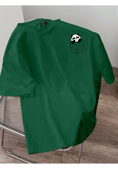 Flood Of Style Erkek Neftiyeşili Sevimli Cep Panda Baskılı Oversize Yeşil