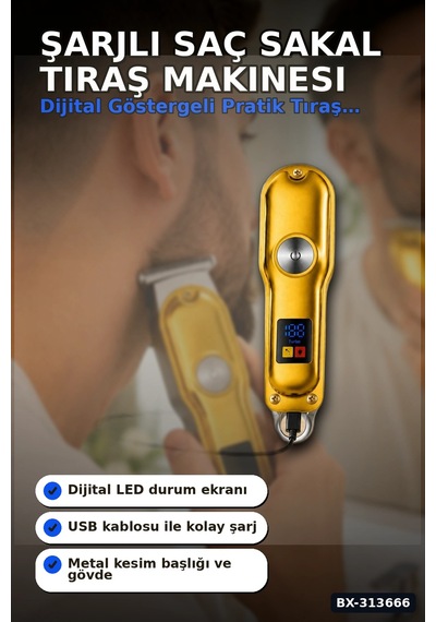 3 Taraklı Şarjlı Saç Sakal Tıraş Makinesi, Turbo Modlu Led Gösterge T Bıçak Kesim Bx-313666