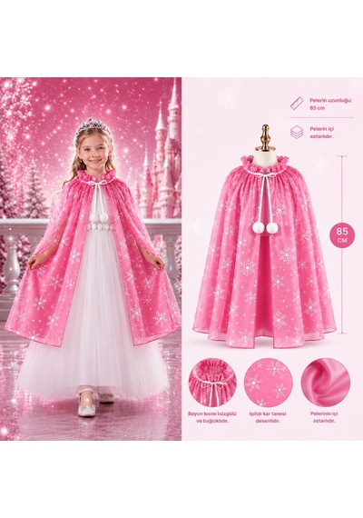 Kar - 401 - Tanesi Desenli Pembe Elsa Pelerini - Astarlı Frozen Pelerini - Spt-gld - 85 Cm