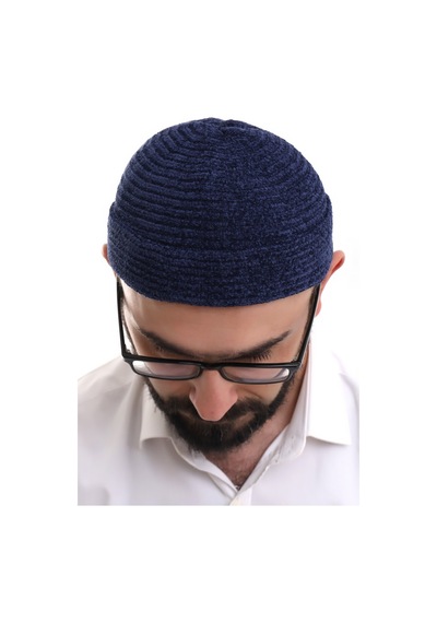 Lacivert Katlamalı Sade Desen Kışlık Kadife Takke Şapka