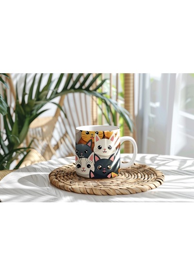 Renkli Kedi Desenli Kupa Bardak Sevimli Yüzlü Kahve Ve Çay Kupası - Hediye Beyaz