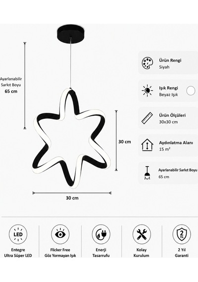 AvizeGO Yalven Led Sarkıt Avize Beyaz Işık Siyah