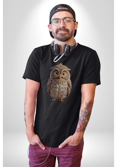 Baykuş Unisex Unisex Siyah Organik Baskılı T-shirt Penye Yüksek Kalite Siyah