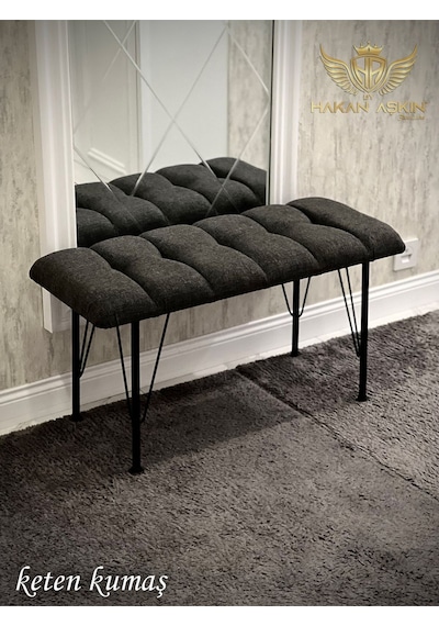 By Hakan Aşkın Metal 4 Ayaklı 90 Cm Eco Keten Antrasit Puf & Bench Tekli 2024 Antrasit Keten