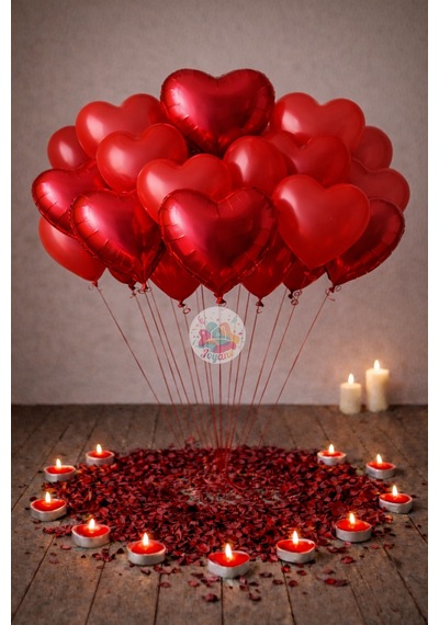 Platinum Kırmızı Kalp Balon Seti 29 Parça Folyo Lateks Gül Set Kırmızı