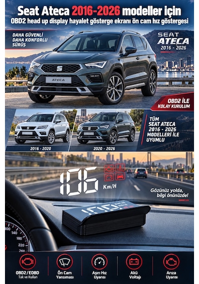 Seat Ateca 2016-2026 Modeller İçin Obd2 Head Up Display Hayalet Gösterge Ekranı Ön Cam Hız Göstergesi