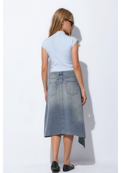 Hiccup Asimetrik Yıkama Efektli Midi Denim Etek Orta Mavi Denim