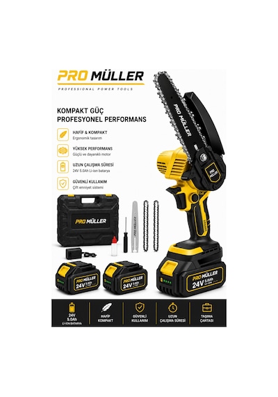 Pro Müller Profesyonel Metal Dişli Çift Akülü Ağaç Odun Dal Kesme Şarjlı Budama Testeresi