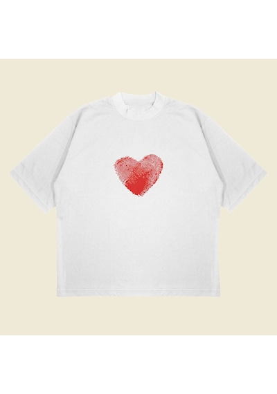 Tarzsokak Heartprint Baskılı Oversize Unisex Pamuklu Nefes Alan Kalın Kumaşlı Beyaz