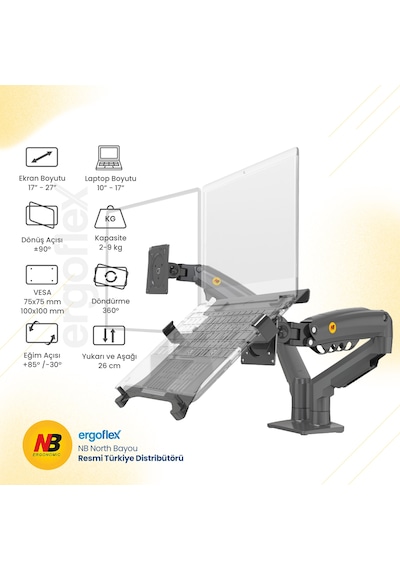 Nb Ergonomic Nb F160-fp Amortisörlü 17-32 Monitör Tutucu Ve 10-17 Laptop Standı Koyu Gri
