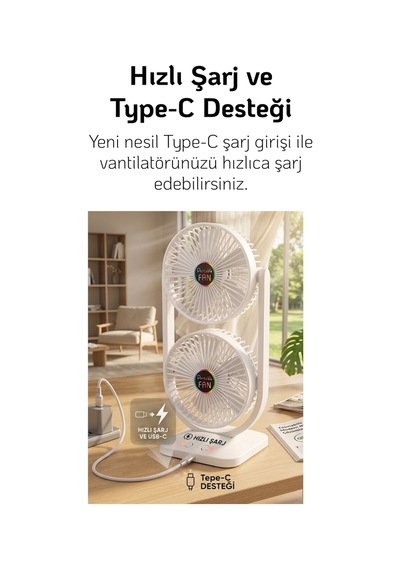 Masaütü Fan Çift Katlı Şarjlı Vantilatör Sessiz Çalışma Oynar Baş Type-c Hızlışarj 3 Kademe Soğutucu